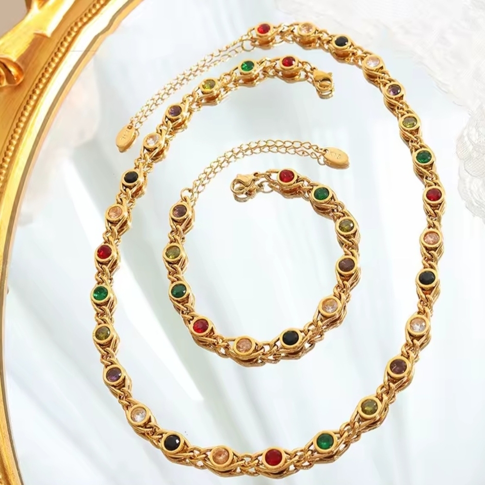 Vintage 18K Gold PlateElegant Gold Plated Colorfull Zircon Necklace Bracelet Set